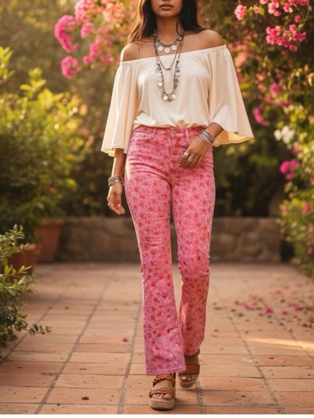 BDG Urban Outfitters Jeans Womens 28 Pink Rose High Rise Flare Floral Pants